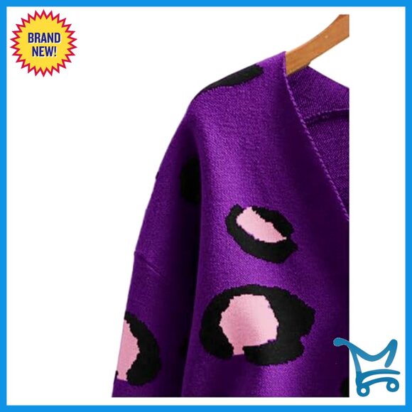 Leopard Print V-Neck Cardigan Long Sleeve Button Down Sweater Loose Fit - Picture 4 of 7